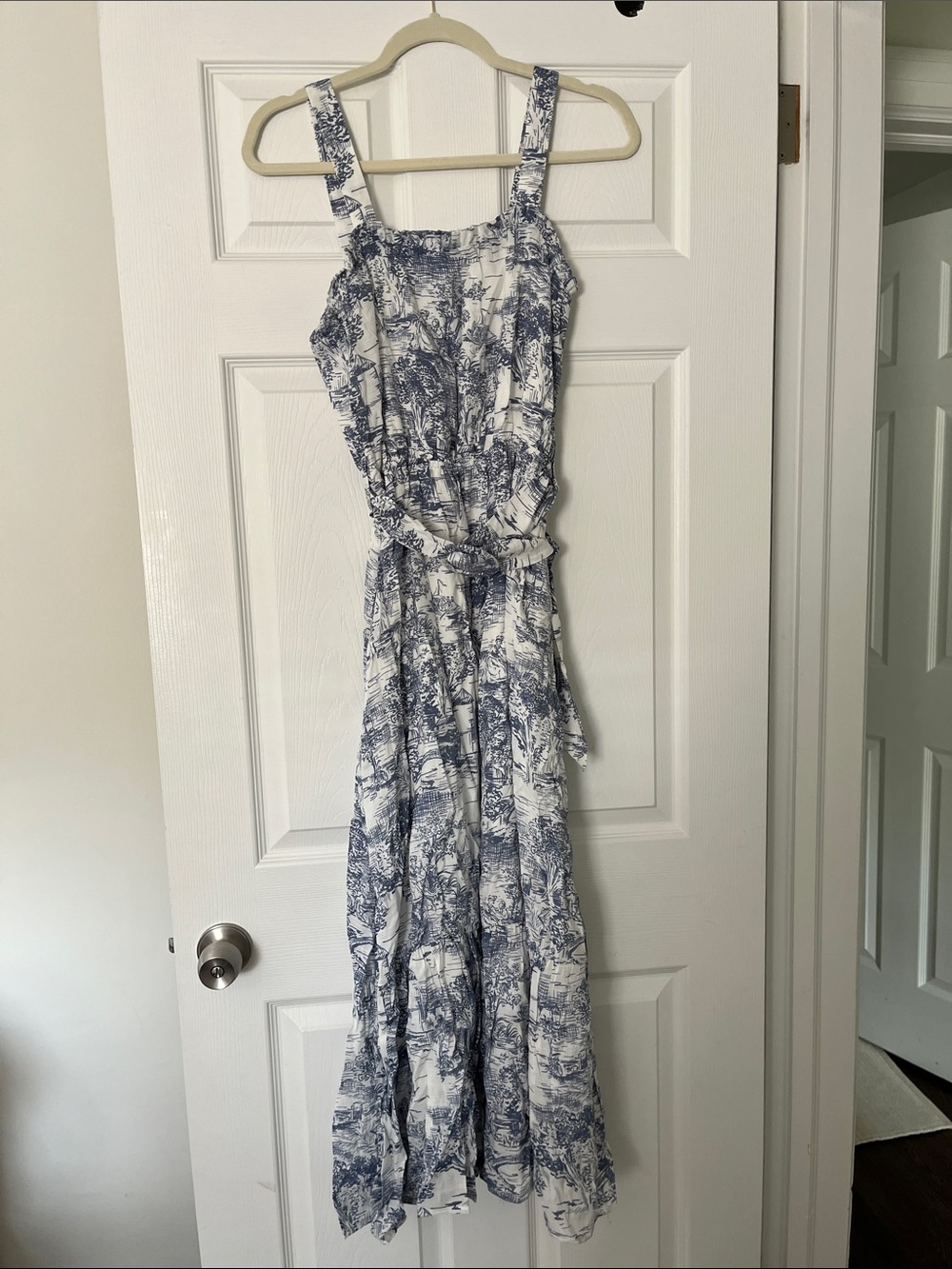 Lucy Paris Blue & White Toile Maxi Sundress with Tie Waist